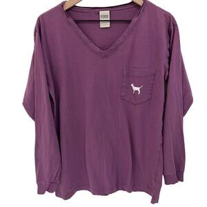 Victorias Secret PINK V-Neck Long Sleeve Pocket T-Shirt S Small Purple Logo Dog